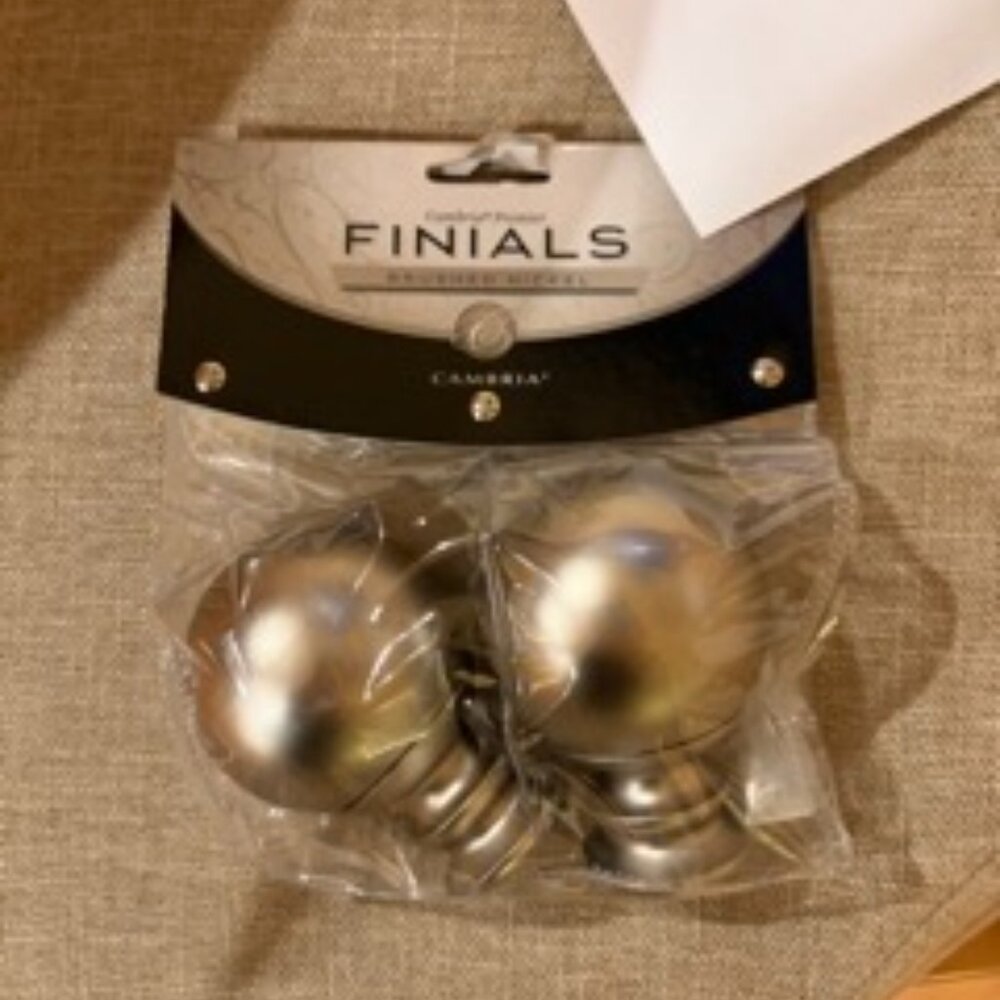 Cambria Premeir brushed nickel Finials set of 2 New in package.  2 Sets avail.
